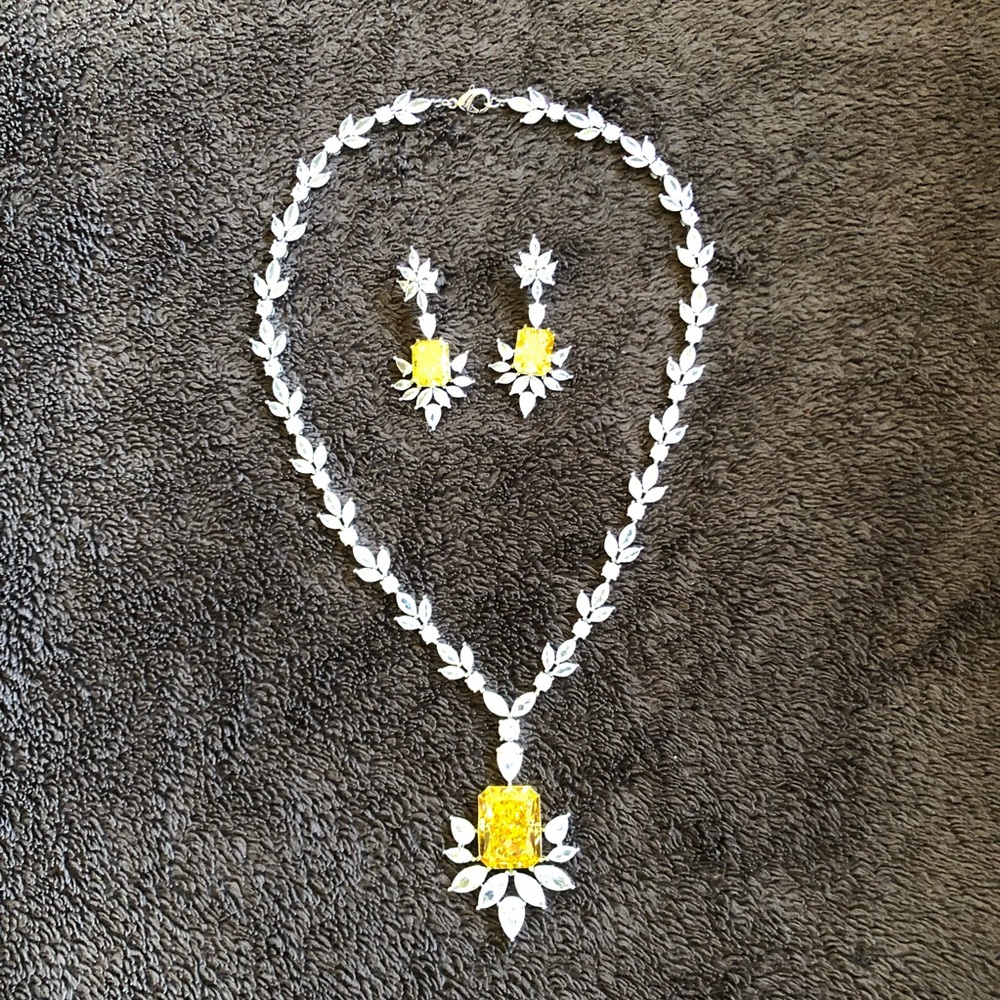 Brand new necklace earrings crystals Zirconia jewelry canary yellow 925 silver